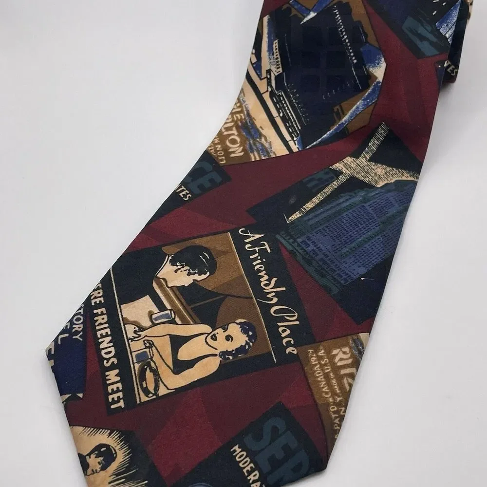 Vtg Bugle Boy Mens Tie Art Deco Ritz Carlton Roosevelt Hotel 3 3/4